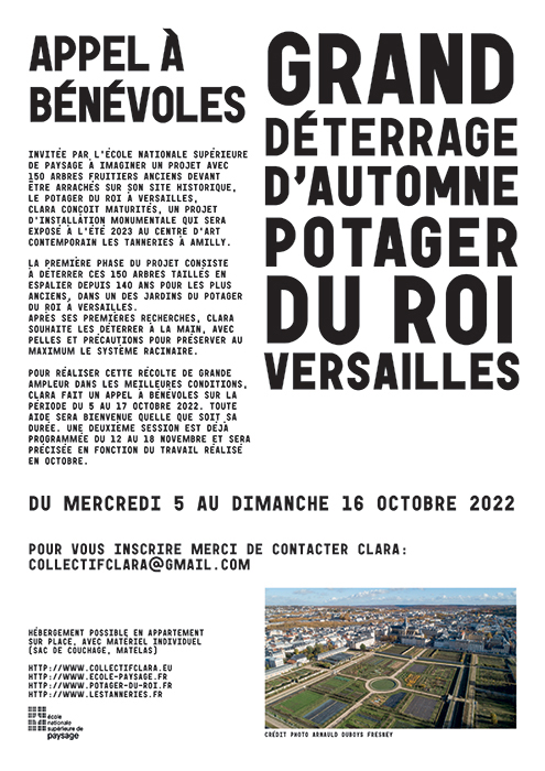 Appel à bénévoles pour le déterrage des fruitiers au Potager du Roi, Versailles, octobre 2022, avec collectif CLARA